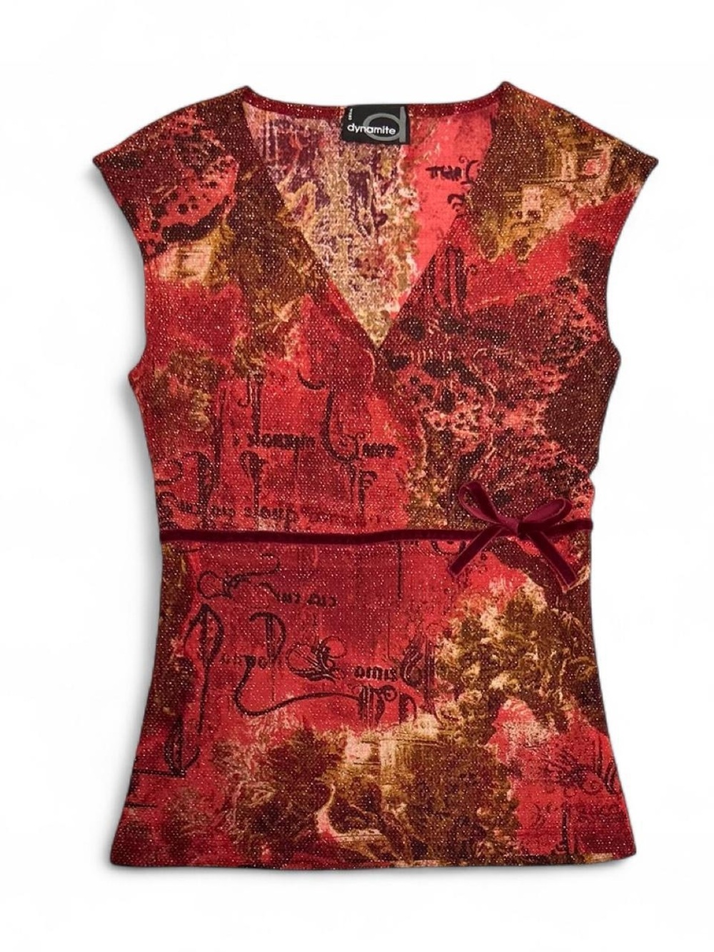 Y2K 2000s Euro Patterned Shimmery Red & Gold V-Neck Babydoll Top with Waist Bow